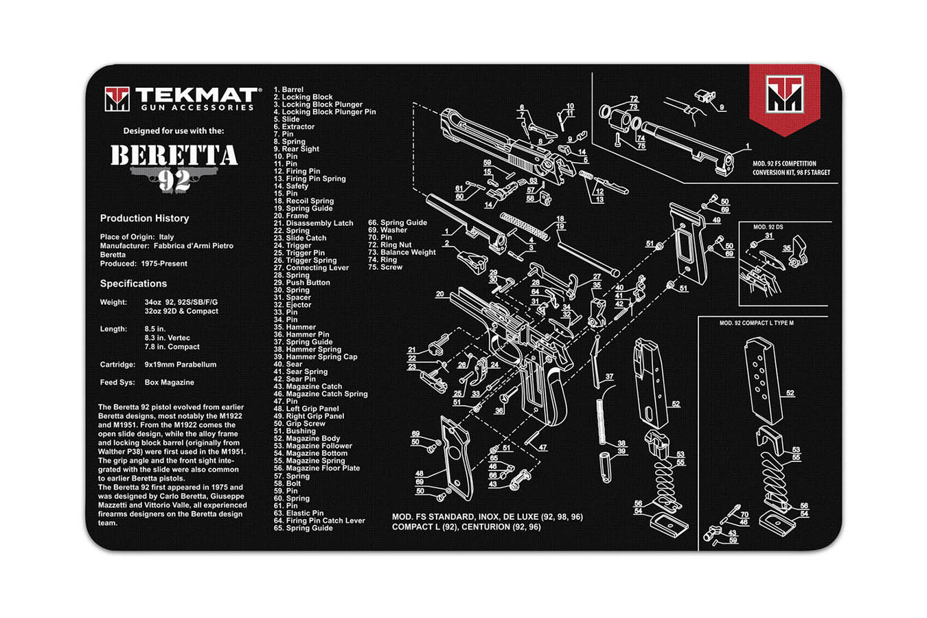 Tekmat Gun Cleaning Mat, Beretta 92