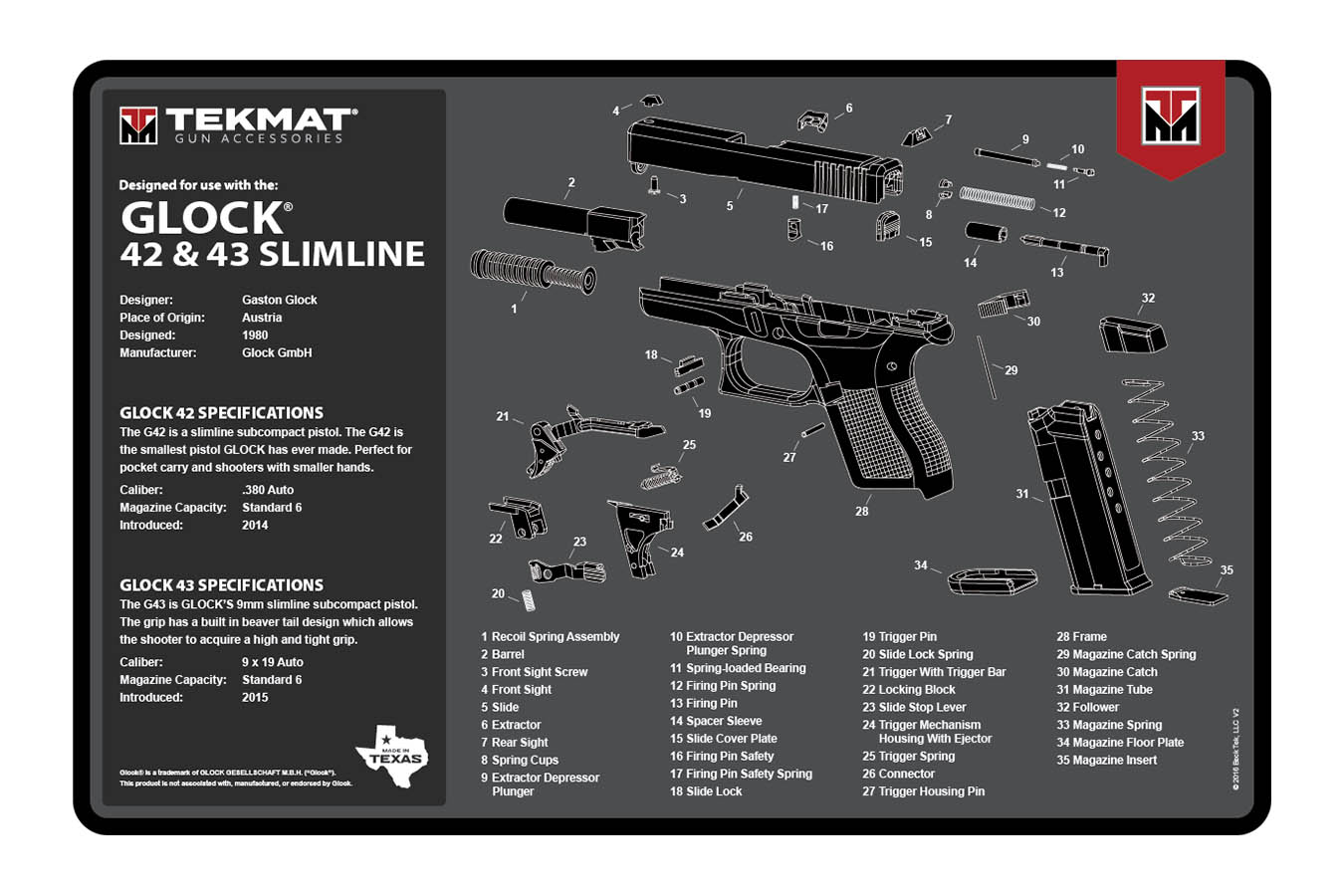 TEKMAT Gun Cleaning Mat, Glock 42/43