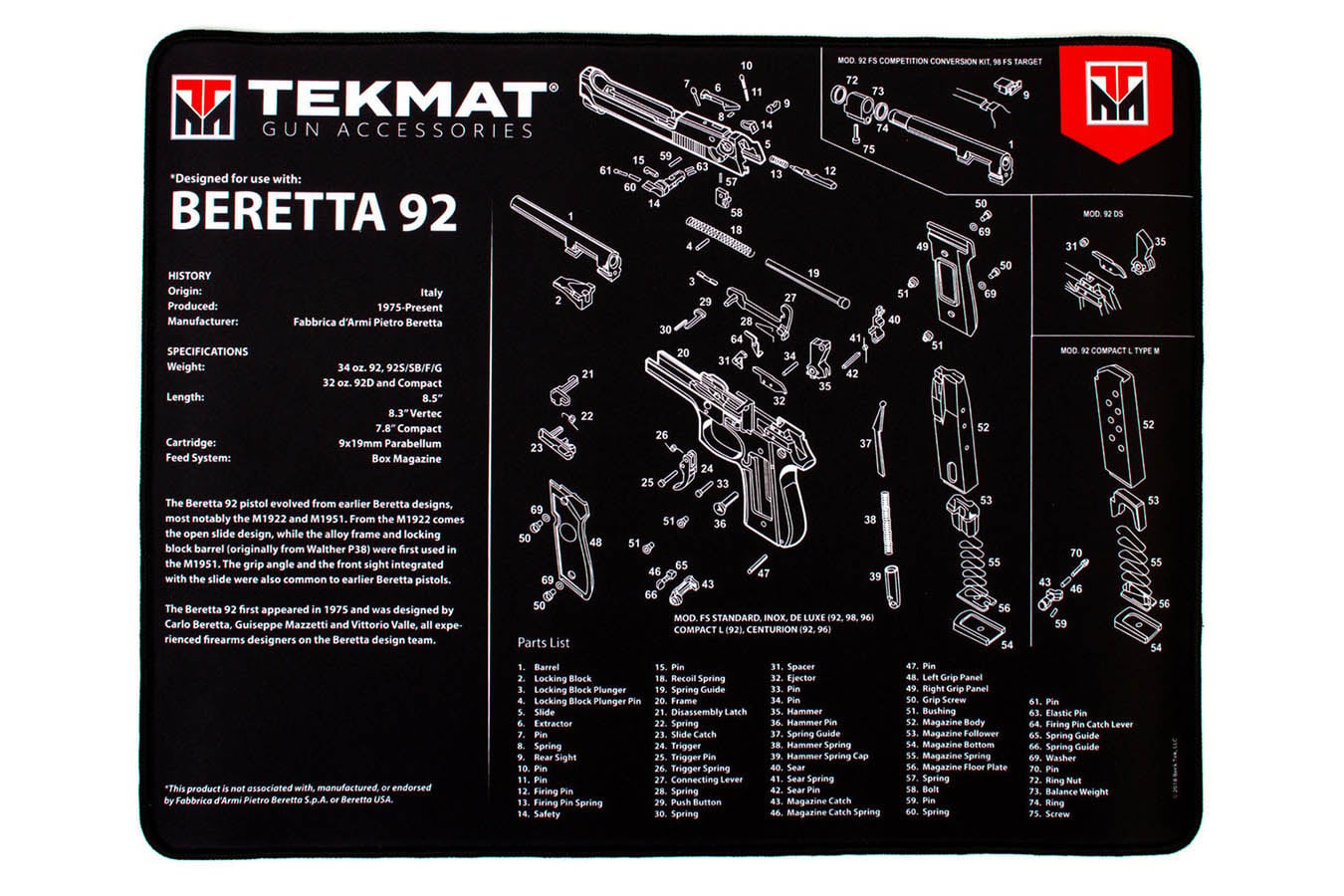 TEKMAT Ultra Premium Gun Cleaning Mat, Beretta 92