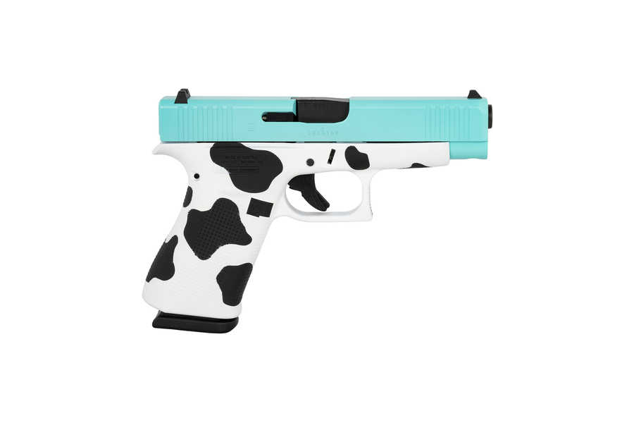 GLOCK 48 9mm Pistol with Cow Print Frame and Robins Egg Blue Cerakote Slide