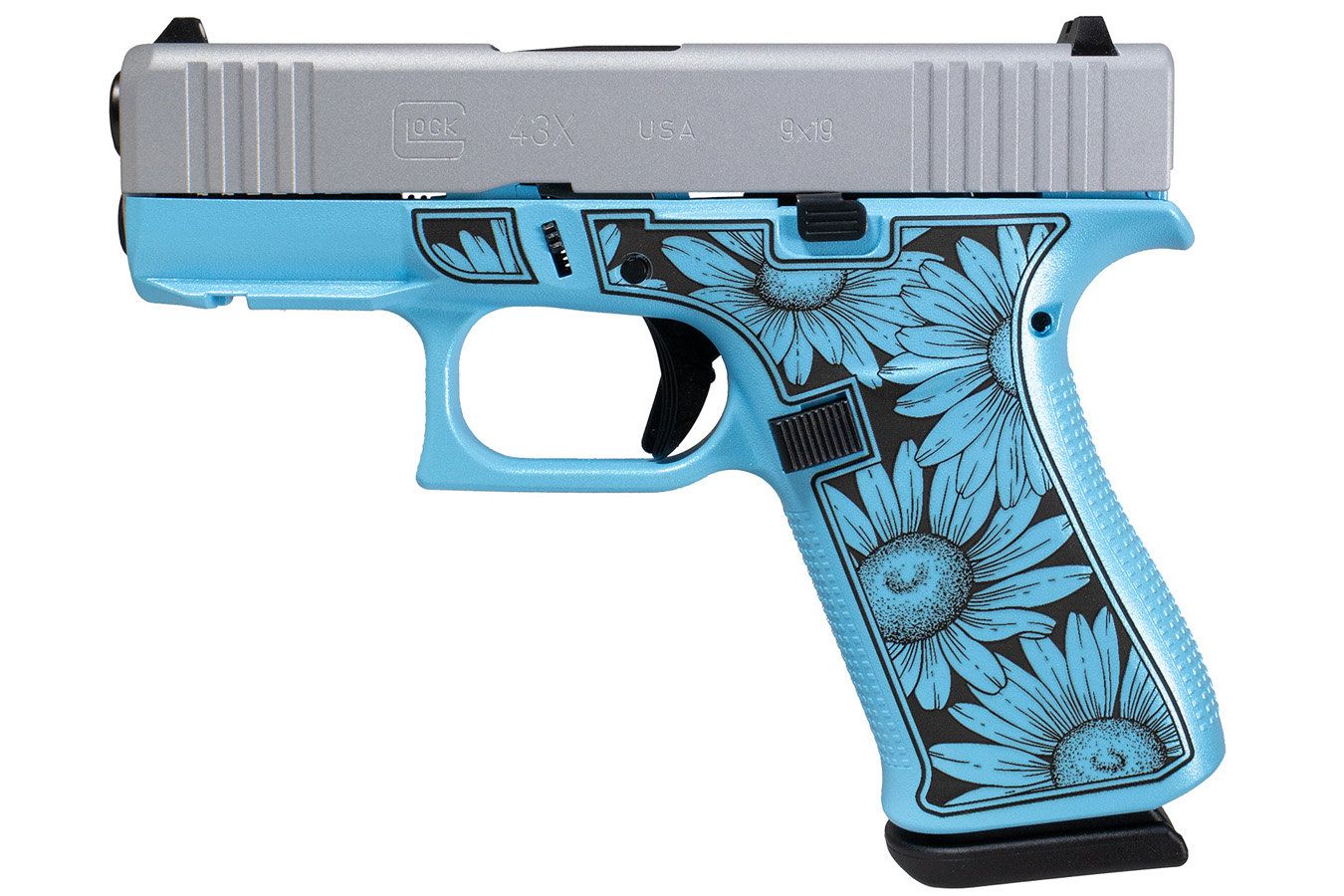 GLOCK 43X FR 9mm Sub-Compact Pistol with Miss Daisy Blue Cerakote Frame