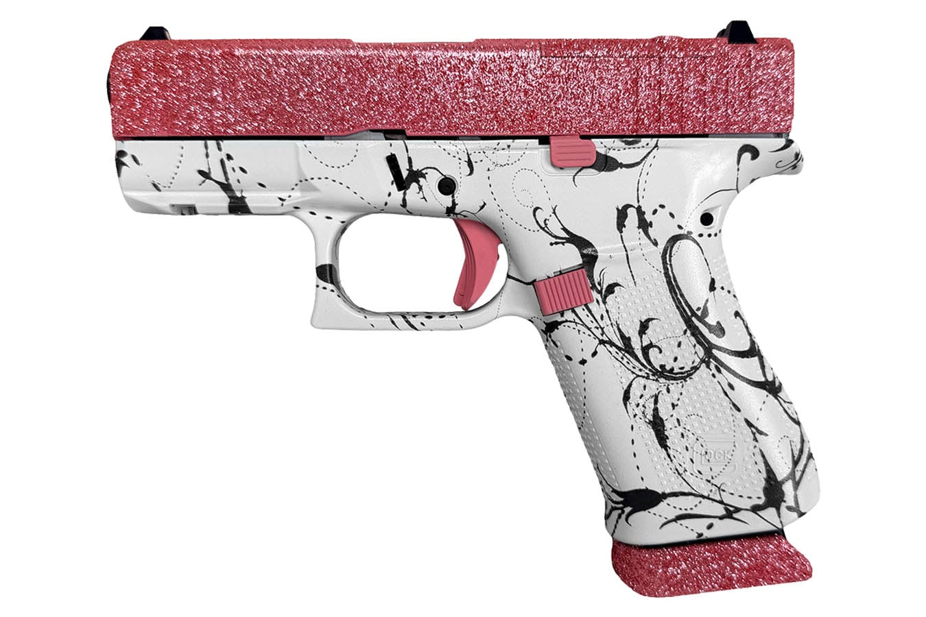 GLOCK 43X MOS 9mm Optic Ready Pistol with Pink Glitter Slide and White Paisley Frame