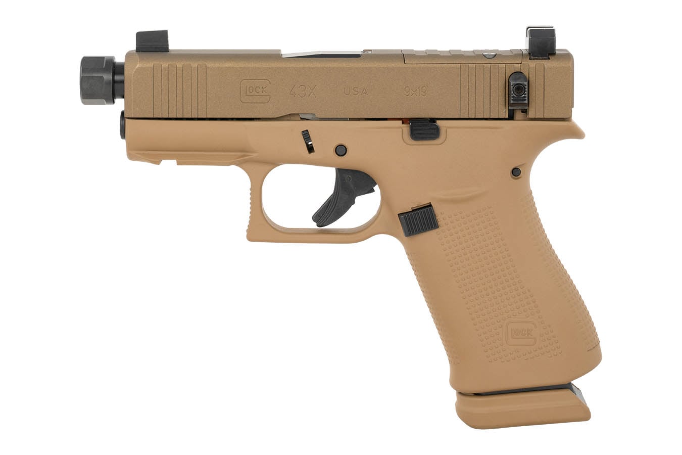 GLOCK 43x MOS 9mm Optic Ready Pistol with Hush Puppy Slide Lock, FDE Finish and Threaded Barrel