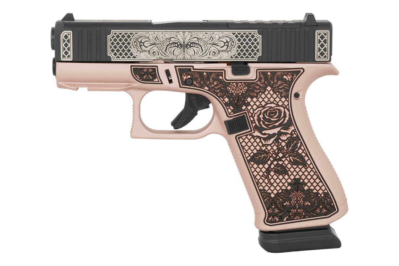 GLOCK 43X MOS 9mm Optic Ready Pistol with Rose Frame and Engraved Slide