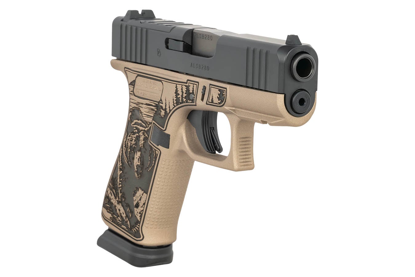 GLOCK 43x MOS 9mm Optic Ready Pistol with Engraved Bear Wilderness Scene