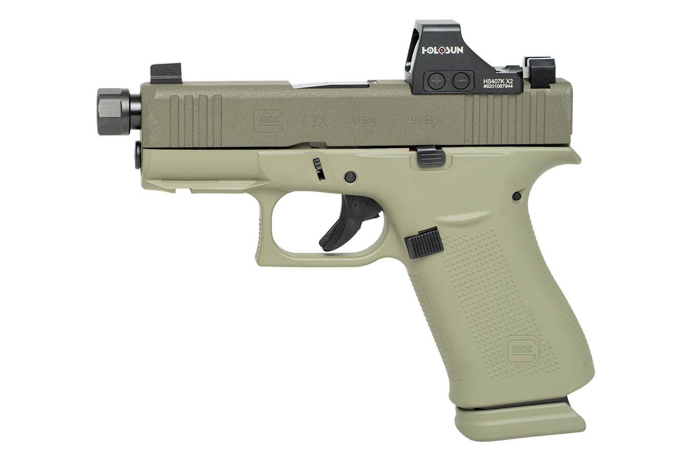 GLOCK 43x MOS 9mm Optic Ready Pistol with Green Finish, Threaded Barrel and Holosun HS407K X2 Red Dot Sight