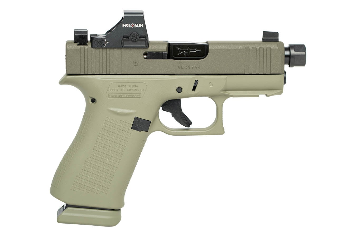 GLOCK 43x MOS 9mm Optic Ready Pistol with Green Finish, Threaded Barrel and Holosun HS407K X2 Red Dot Sight