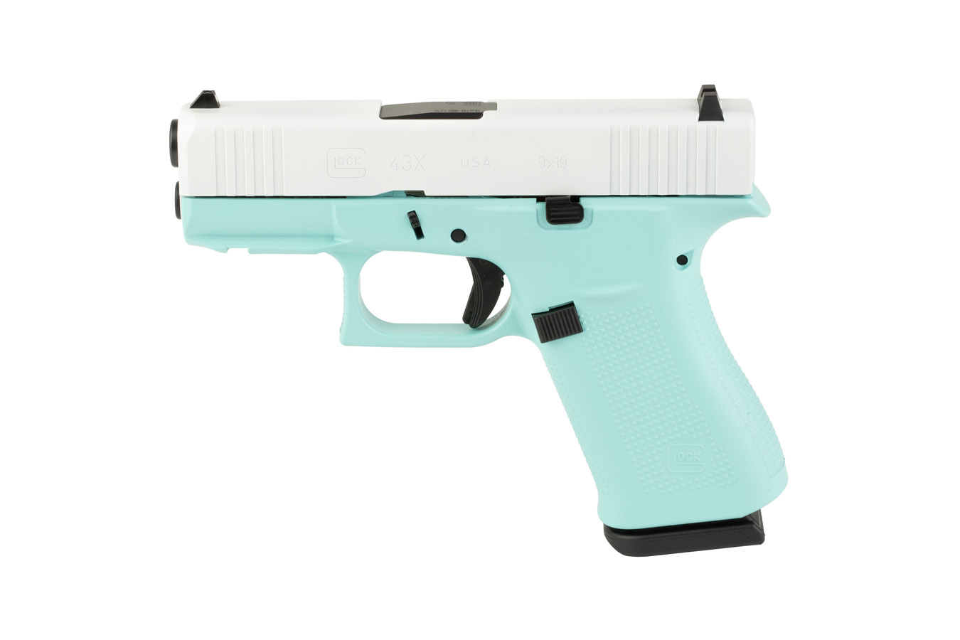 GLOCK 43X 9mm Pistol with White Slide and Robin Egg Blue Frame