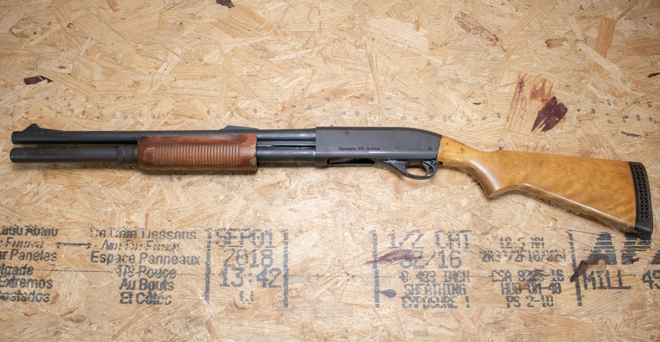 REMINGTON 870 Magnum 12 Gauge Police Trade-In Shotgun with Extended Magazine, Wood Stock