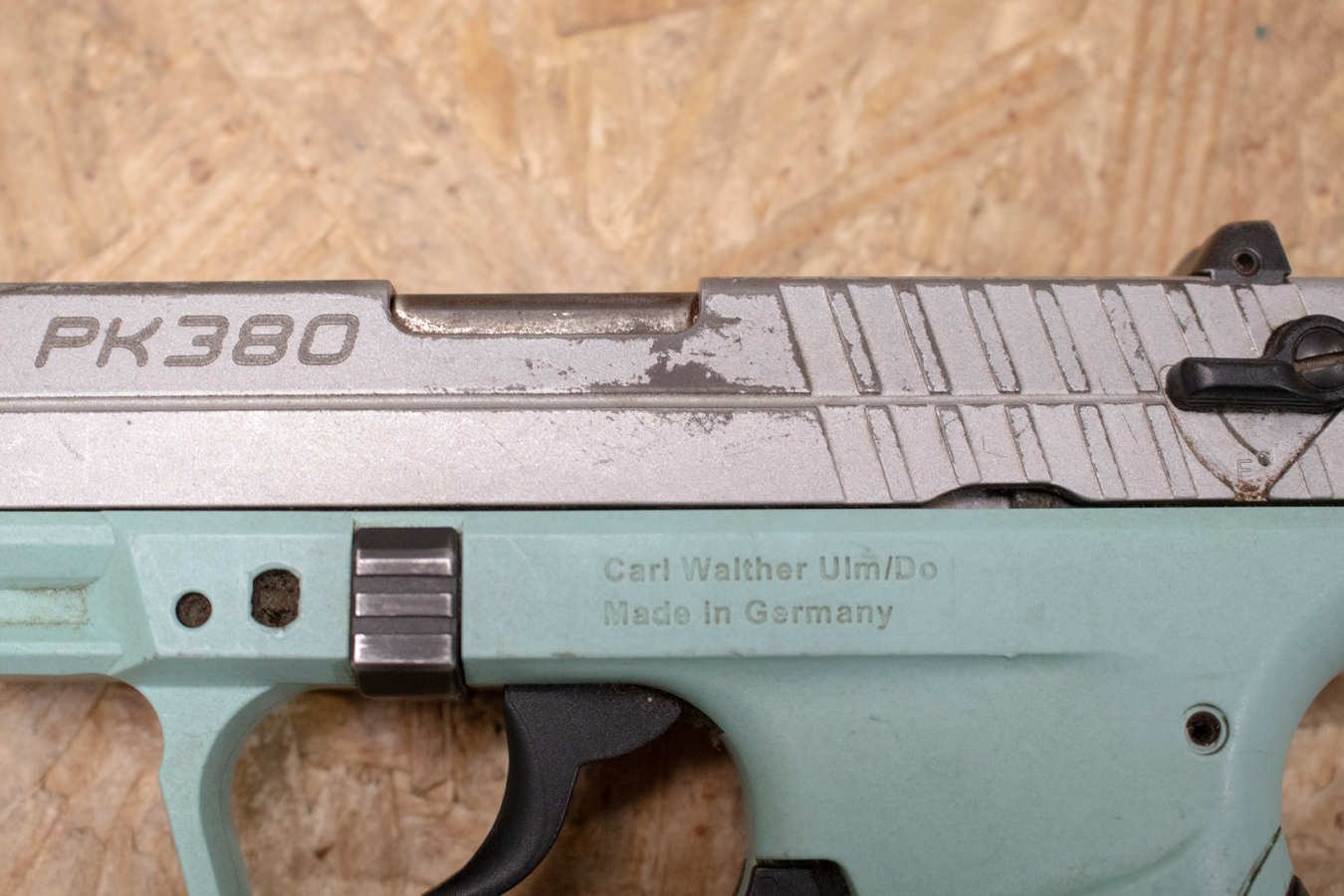 WALTHER PK380 380ACP Police Trade-In Pistol with Aqua Frame and Stainless Slide