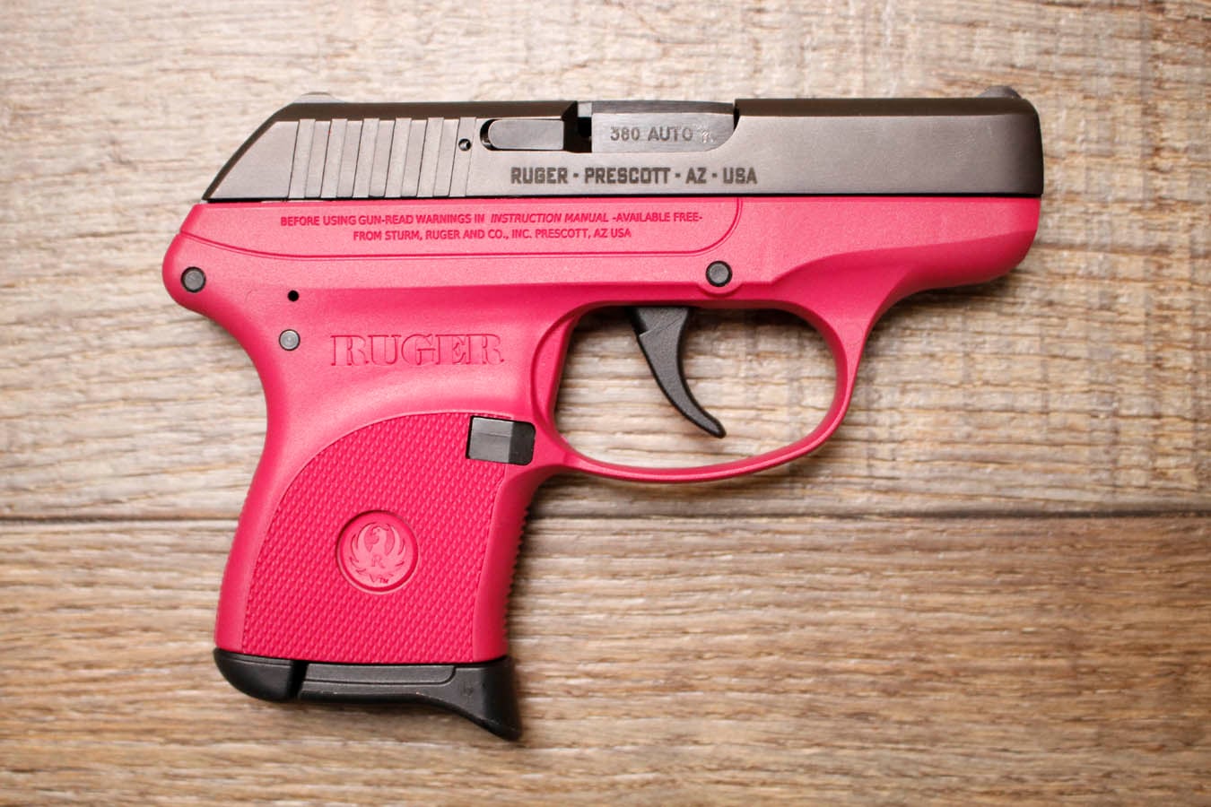 RUGER LCP 380 ACP Police Trade-In Pistol with Raspberry Grip Frame and Original Box