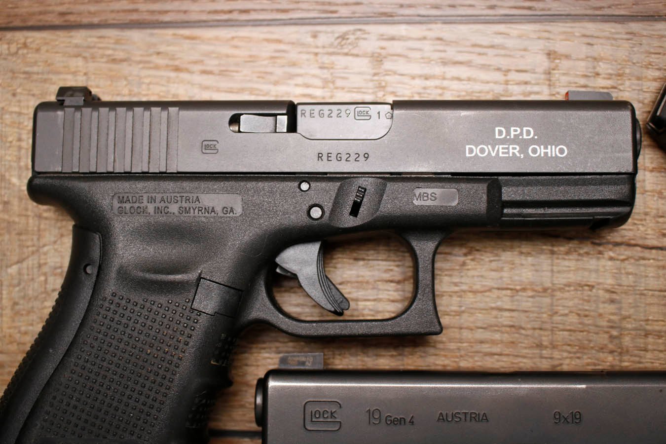 GLOCK 19 Gen 4 9mm Police Trade-In Pistols with Dover PD Department Stamps (Good Condition)