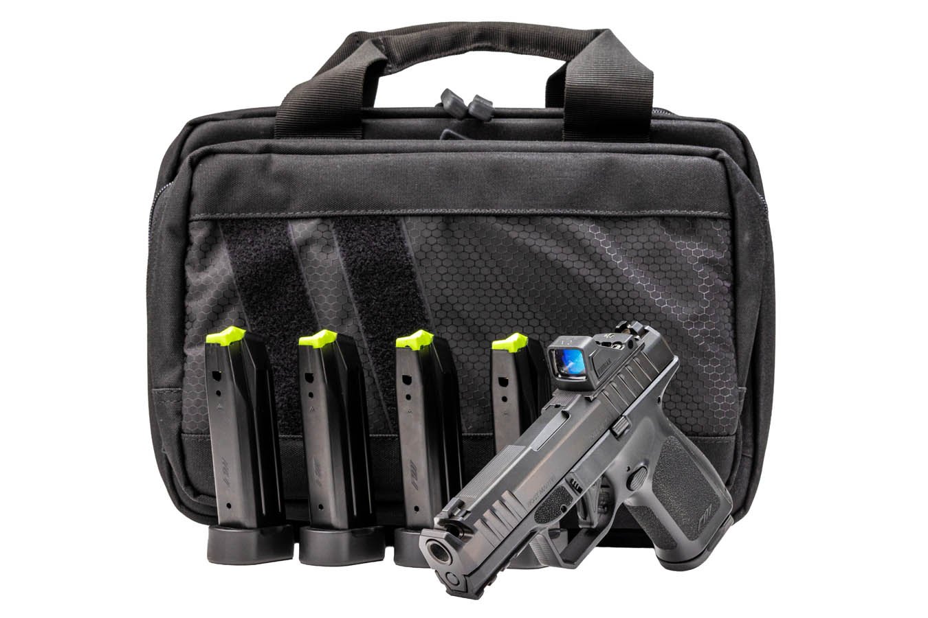 Rost Martin RM1C 9mm Pistol Black Compensated Pistol with Viridian RFX 11 Green Dot, 5 Magazines and Savior Bag
