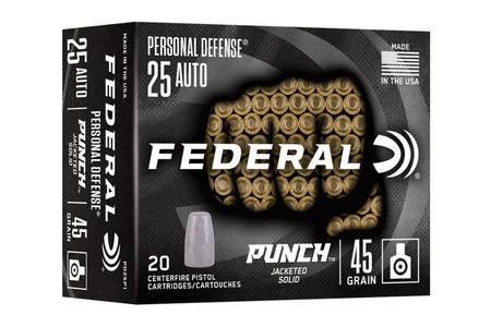 FEDERAL AMMUNITION 25 Auto 45 gr Jacketed Solid Punch 20/Box